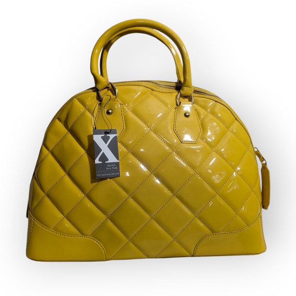 MAXX New York Yellow Quilted Patent Satchel Bowler Handbag NWT - Picture 1 of 13
